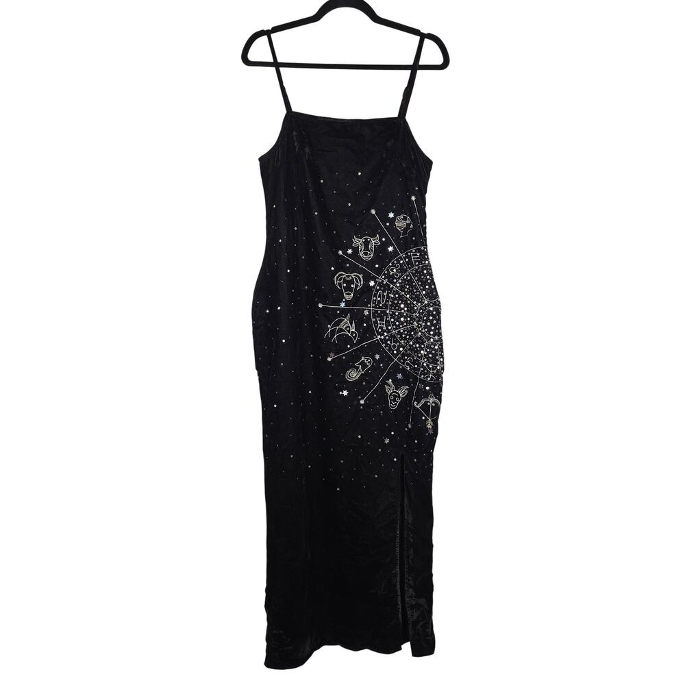 VTG Nasty Gal Dress Size 8 Black Velvet Zodiac Maxi Slip Sequin Party Formal Y2K